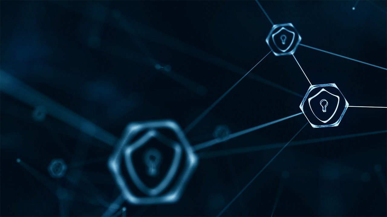 Digital network with lock icons, dark background.